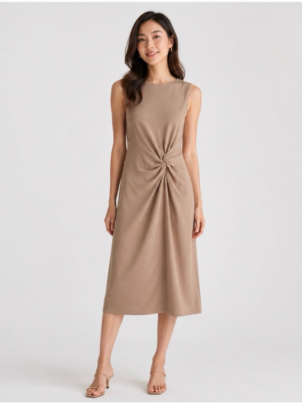 DKNY Capuccino Twisted Knot Sleeveless Midi-Dress